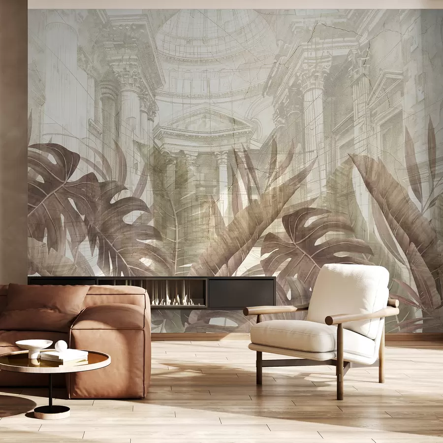 Fototapety Veľkolepé kresby zdobené architektonickými mramorovými stĺpmi a sviežimi tropickými sépiovými rastlinami  w01311v1