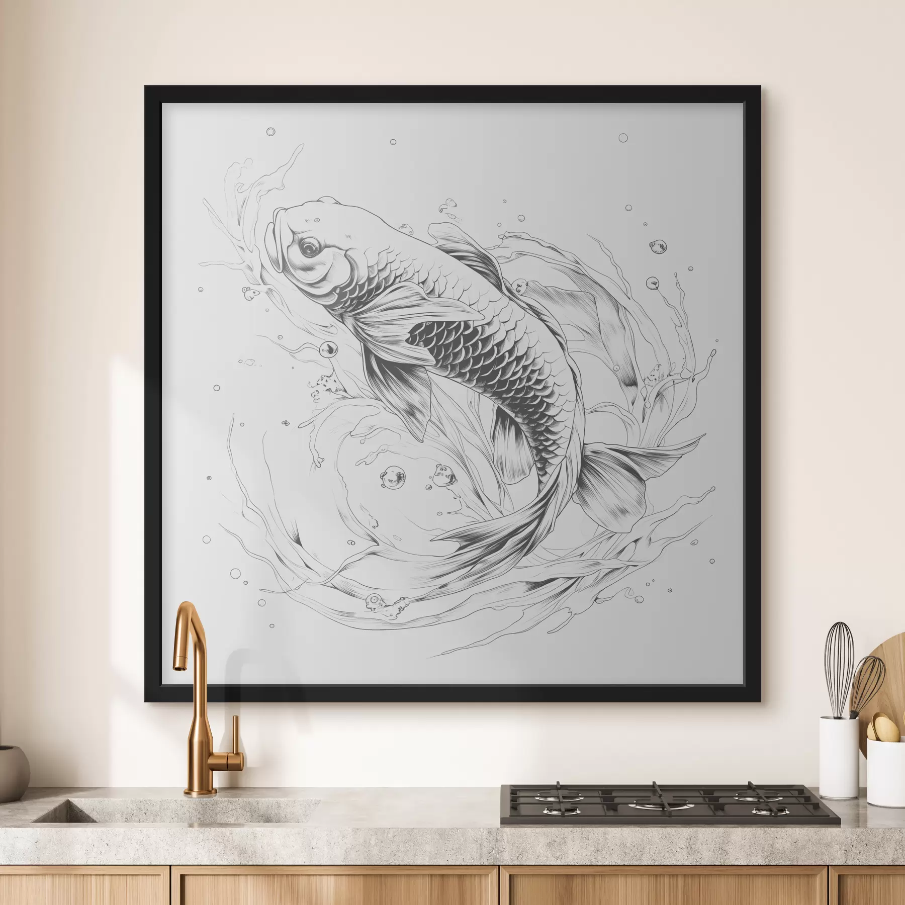 Obraz Monochromatická čiarová kresba ryby Koi f39433