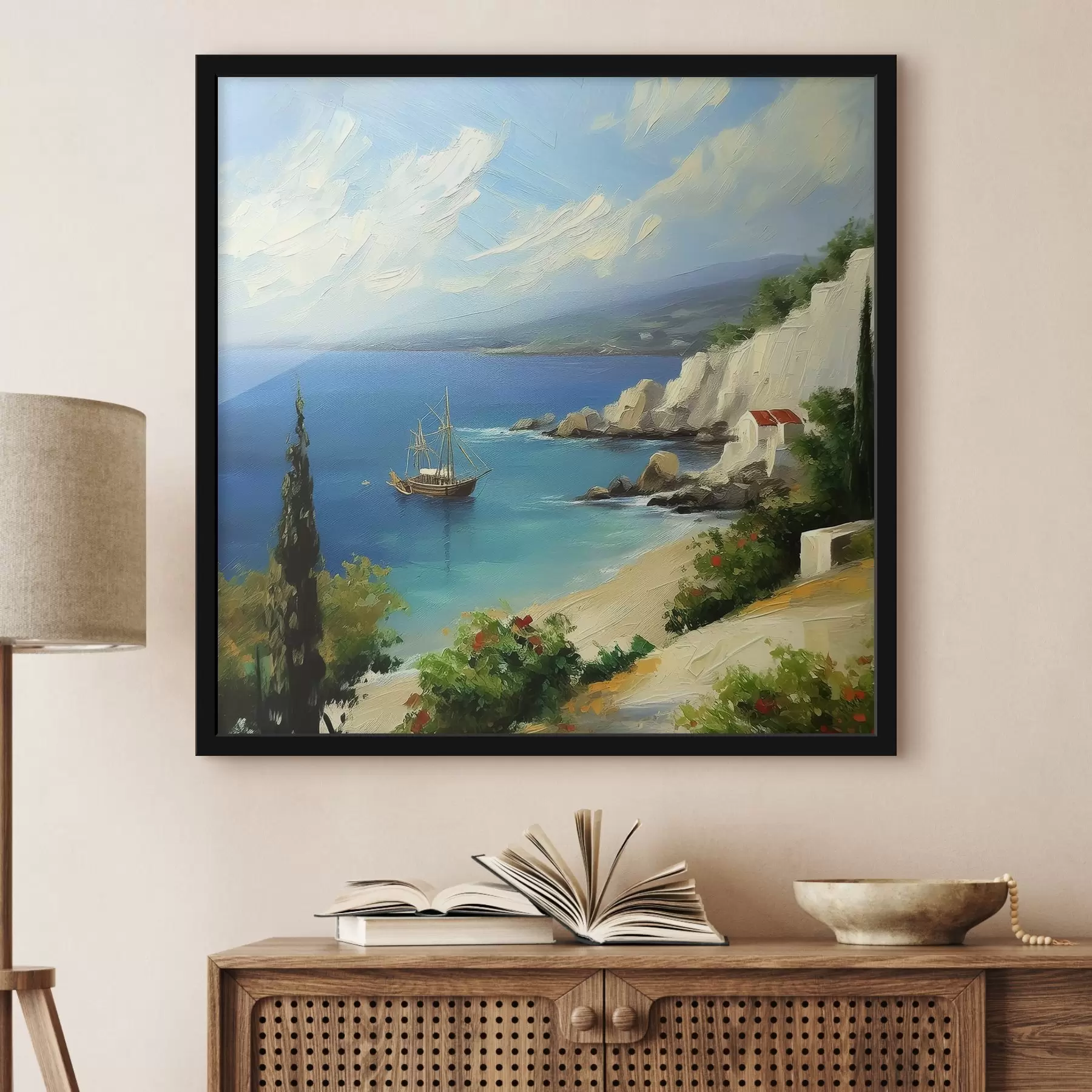 Fototapety Grécko morské pobrežie, loď, modrá voda, olejomaľba, letná príroda, skaly, živé ťahy štetcom f39425