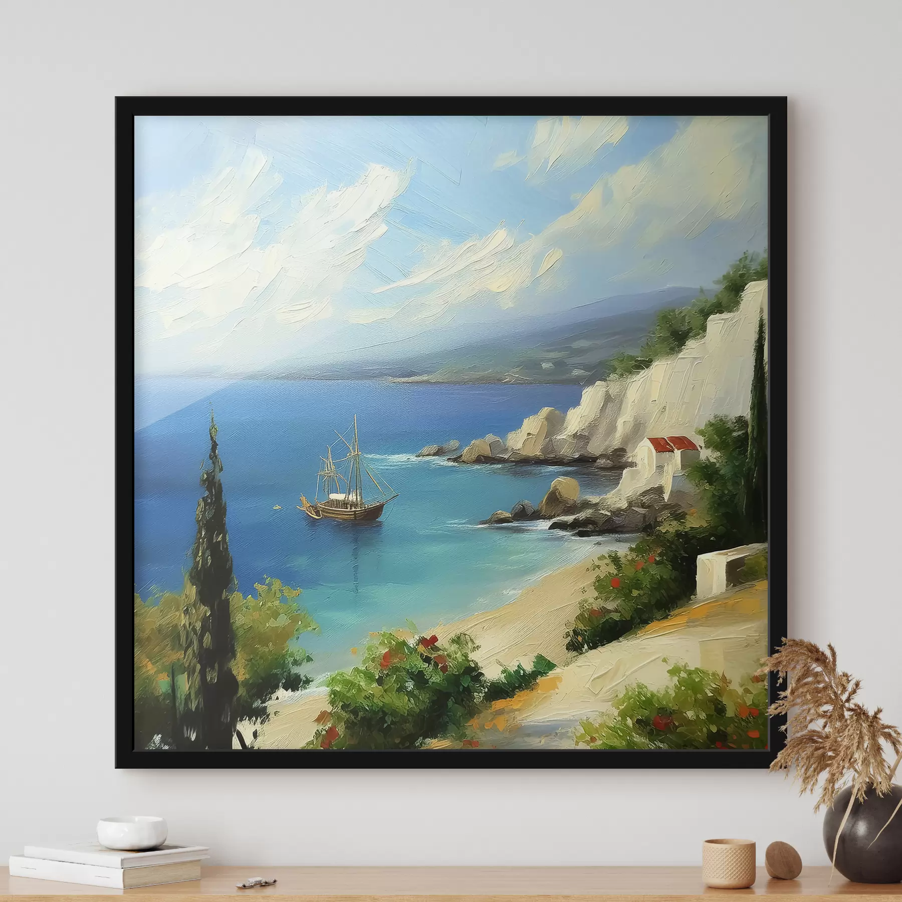 Fototapety Grécko morské pobrežie, loď, modrá voda, olejomaľba, letná príroda, skaly, živé ťahy štetcom f39425