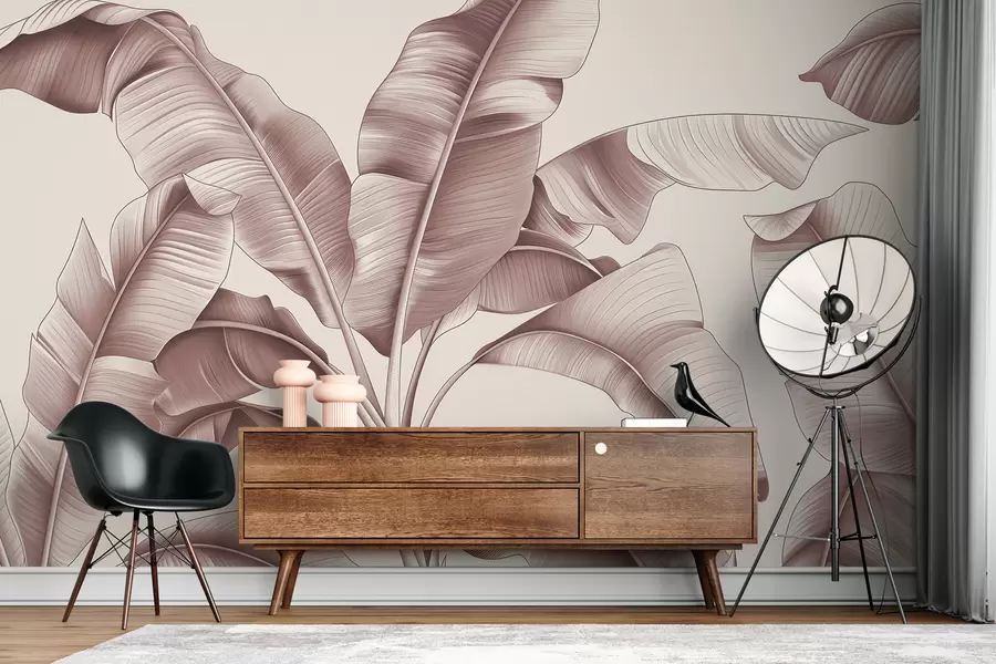 Fototapety nakreslené veľké banánové listy v pastelovej ružovej farbe w07877v1