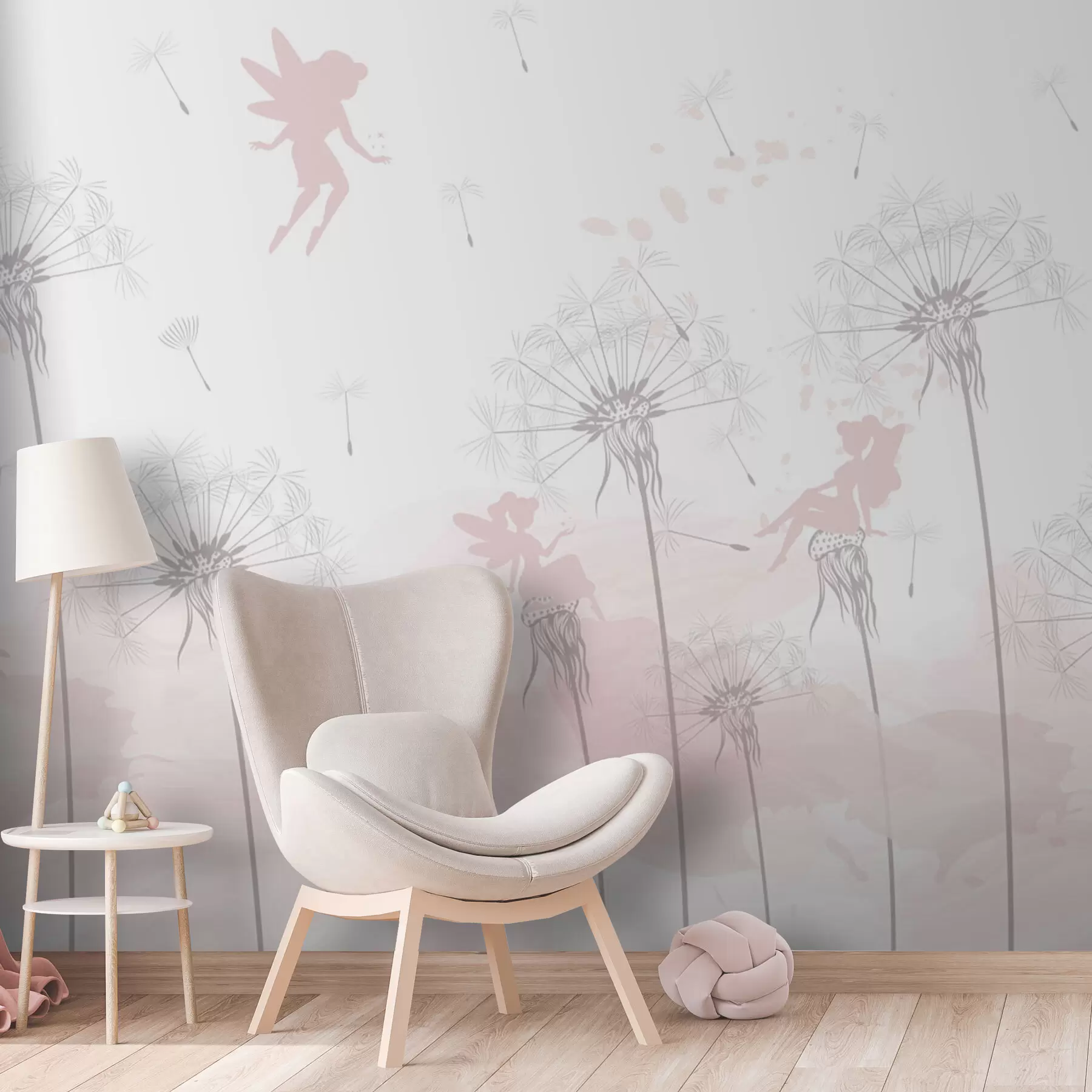 Fototapety Kúzelné víly v púpavách a poľných kvetoch v škandinávskom štýle pre dievčatá ružovej farby w07913