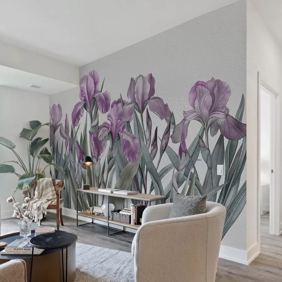 Fototapety Veľké maľované ružové kosatce na bielej betónovej stene w07949v1