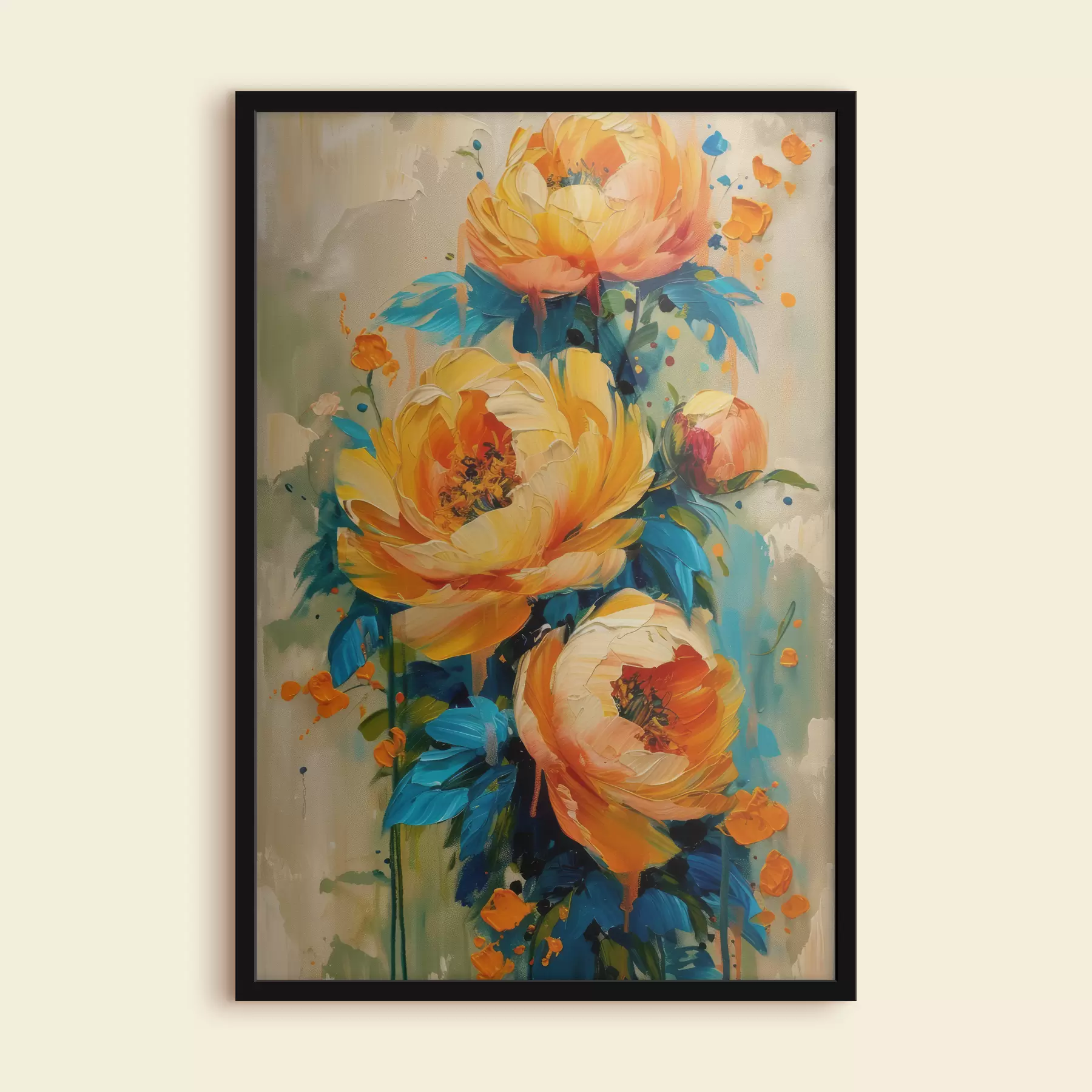 Fototapety Abstraktná maľba v béžových, žltých, modrých, šalviových zelených tónoch s oranžovými škvrnami, živé pivonky v lete f39472