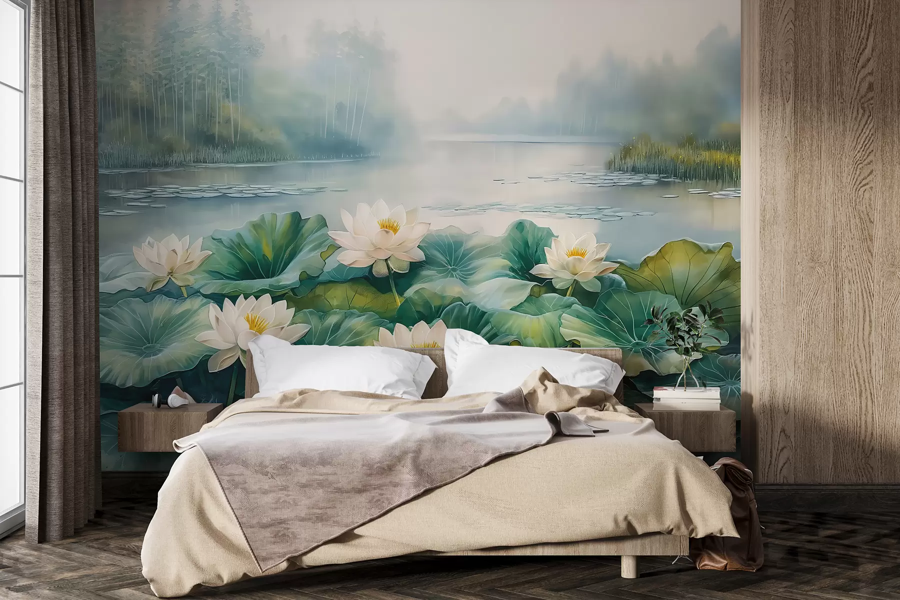 Fototapety Lekná, lesné jazierko, akrylová kresba, príroda, zelené a biele farby w07957