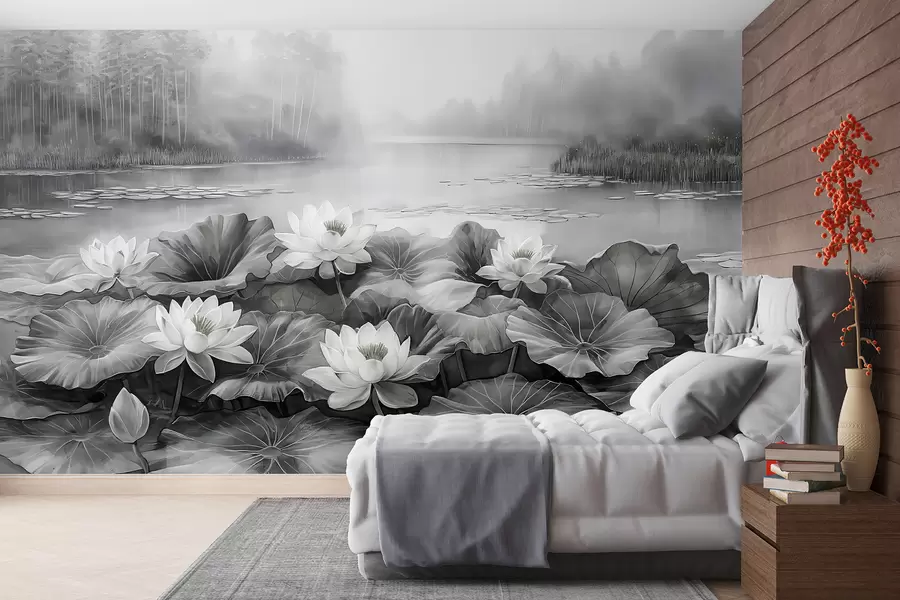 Fototapety Lekná, lesné jazierko, akrylová kresba, príroda, sivé farby w07957v1