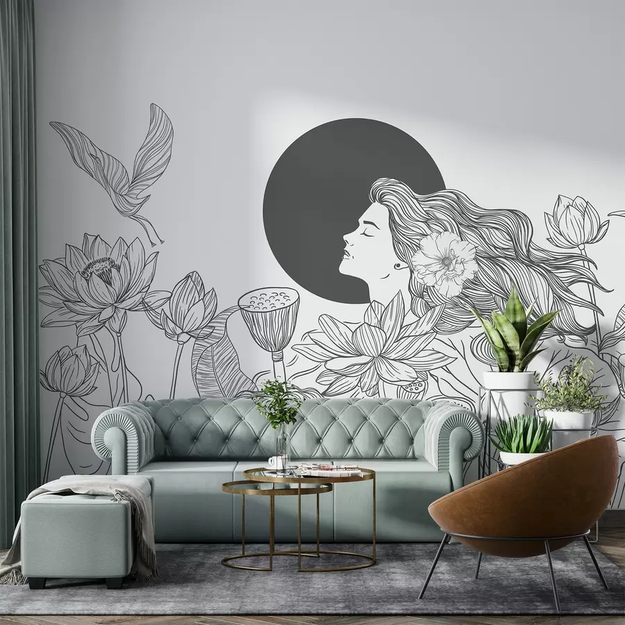 Fototapety Žena v prírode, perokresba, lotosové kvety, veľké listy, lietajúce vtáky, šedá farba w07988v2