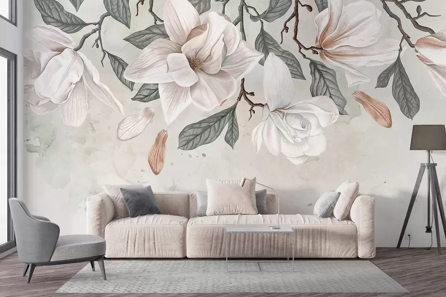 Fototapety Jemné ružové a biele kvety magnólie so zelenými listami na svetlom pozadí, jemná kvetinová kompozícia w07977