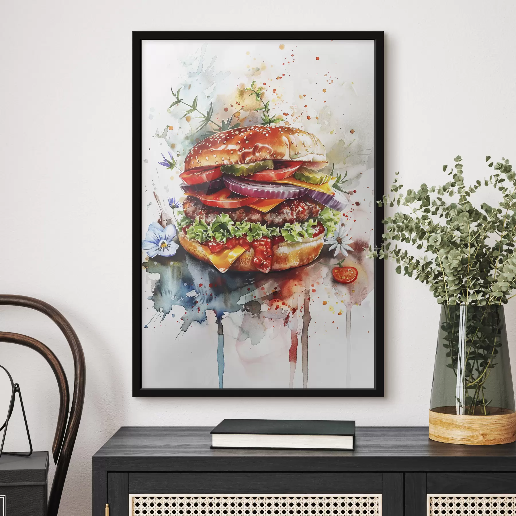 Obraz Chutný burger s mäsom, kvetinový, akvarel, food art f39699