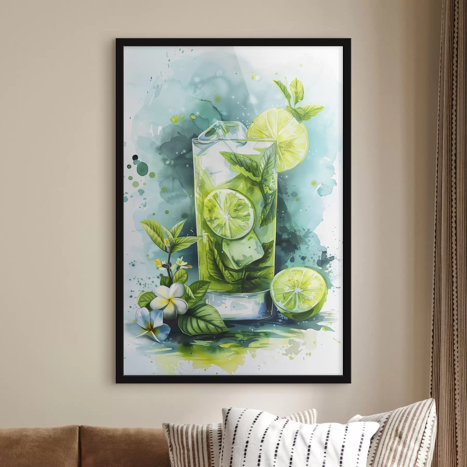 Fototapety Letný koktail akvarel, mojito, limetka a mäta, kvetinové, zelené farby f39712