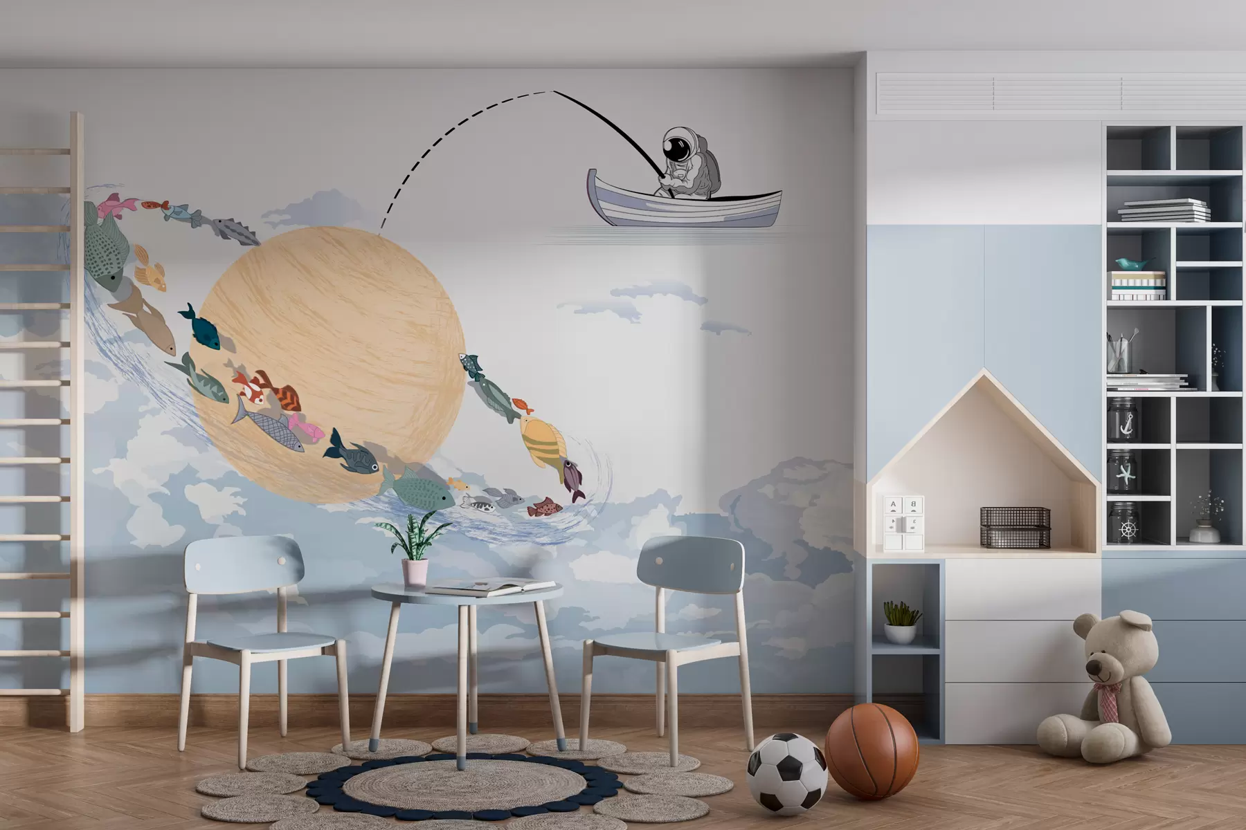 Fototapety Mesiac astronaut a ryba v modrom w00869