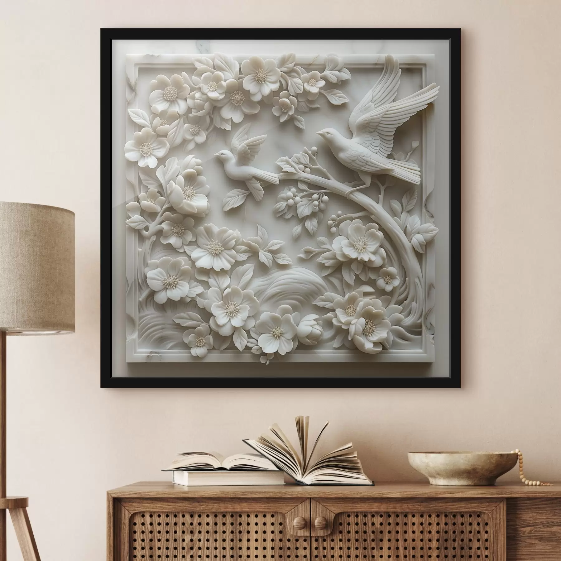 Fototapety Biela mramorová záhrada s reliéfmi vtákov a kvetov f39728