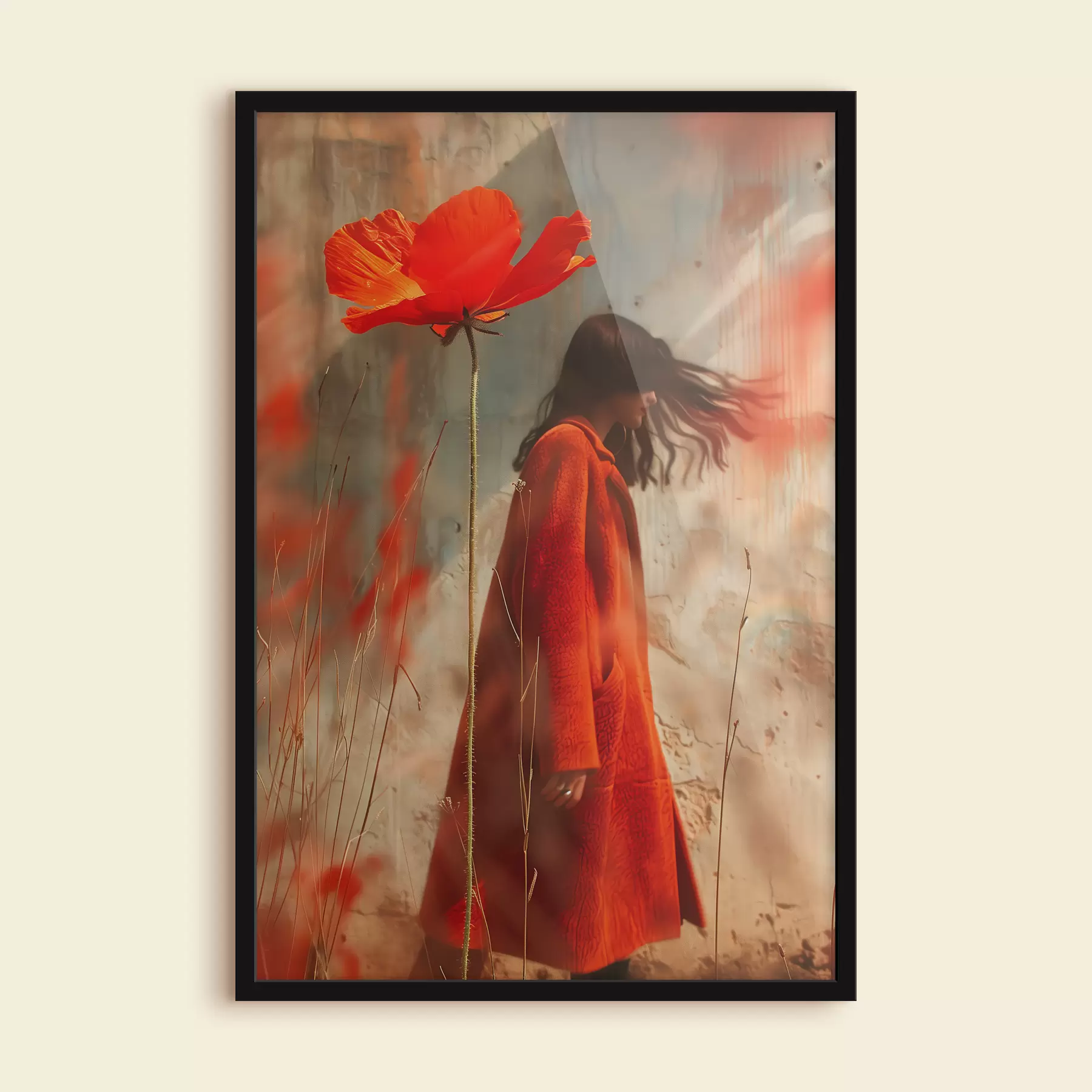 Fototapety Dievča v červenom kožuchu s makom rastúcim na poli f39764