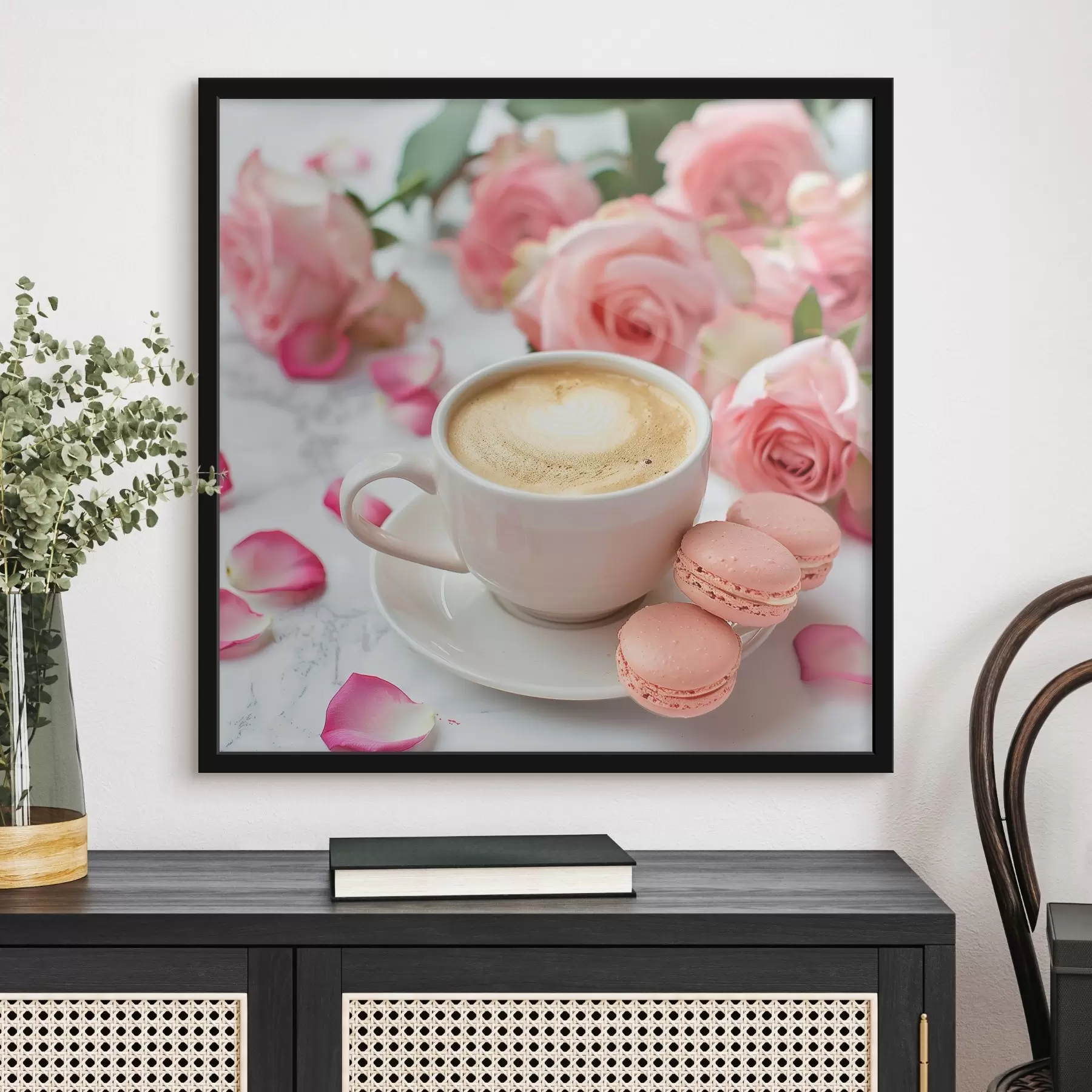 Fototapety Cappuccino makrónky a ruže f39231