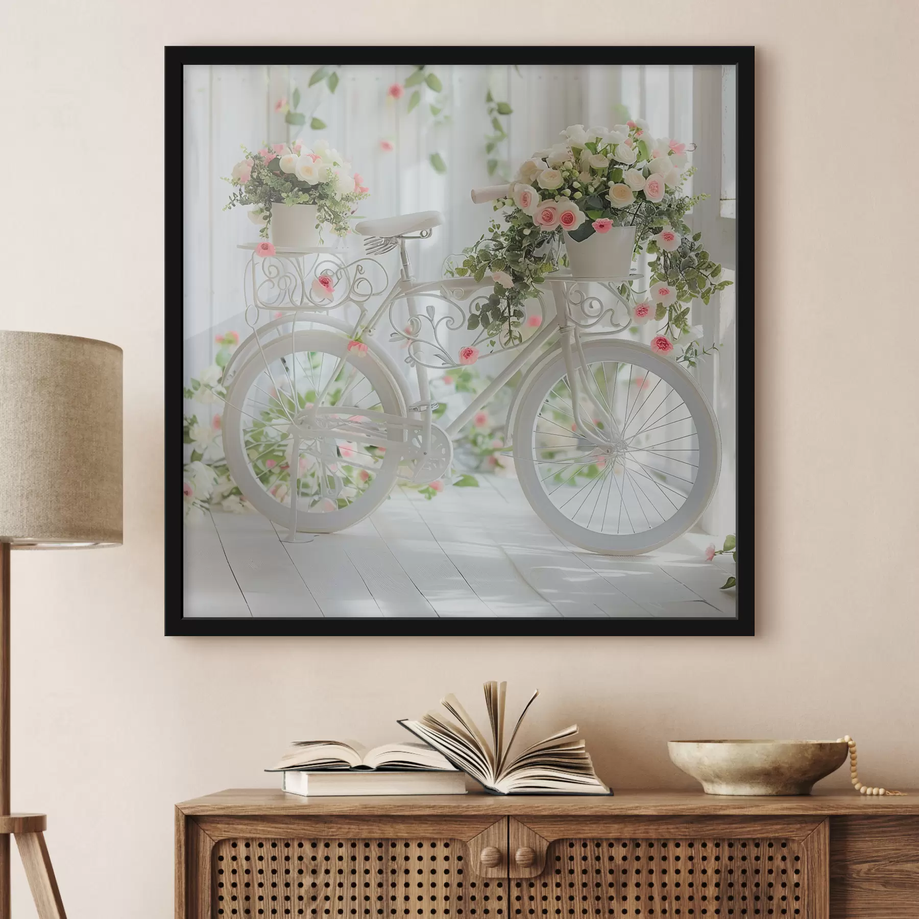 Fototapety Biely bicykel s košíkom kvetov v provensálskom štýle f39243