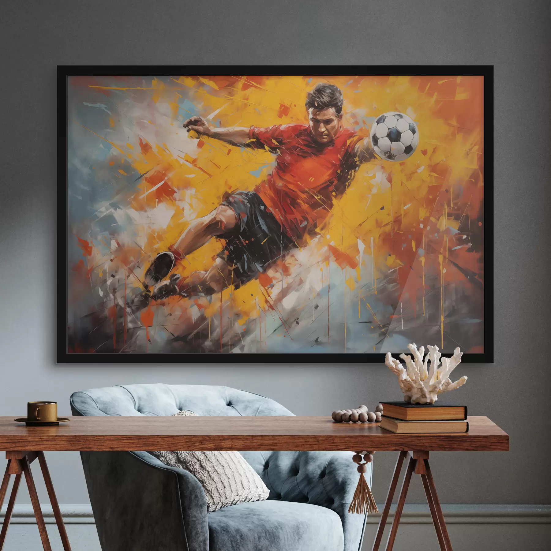 Fototapety Futbalista chytí loptu žiarivo dynamická olejomaľba, čierna, žltá, červená farba f39817
