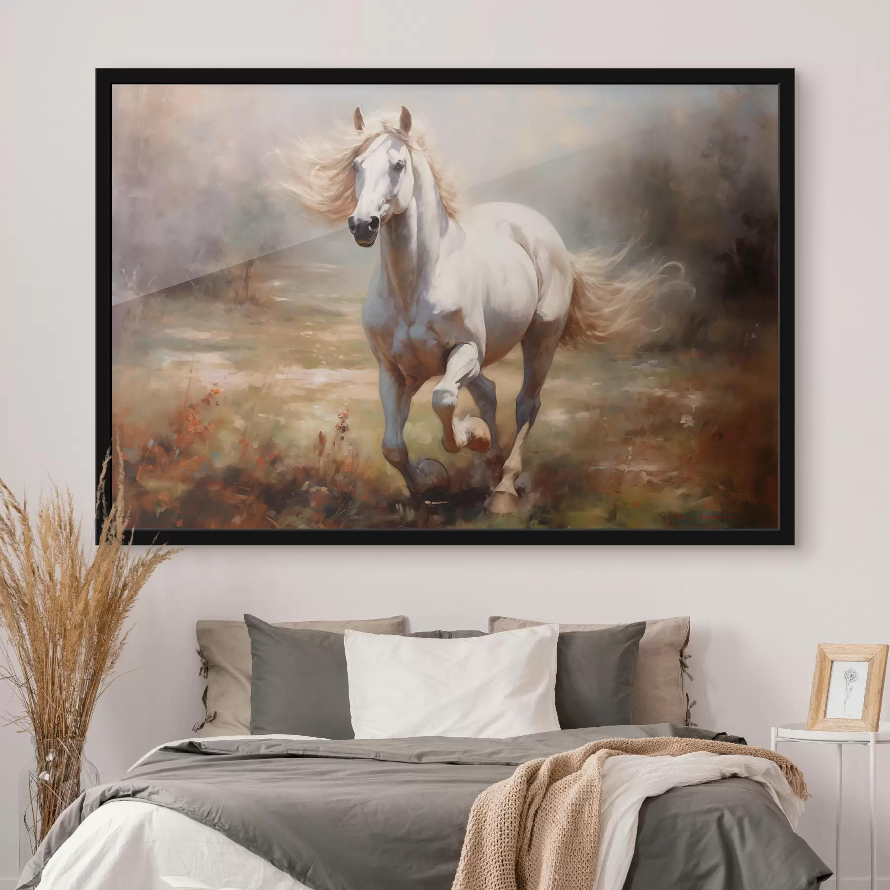 Fototapety Biely kôň cválajúci po lúke olejomaľba f39818