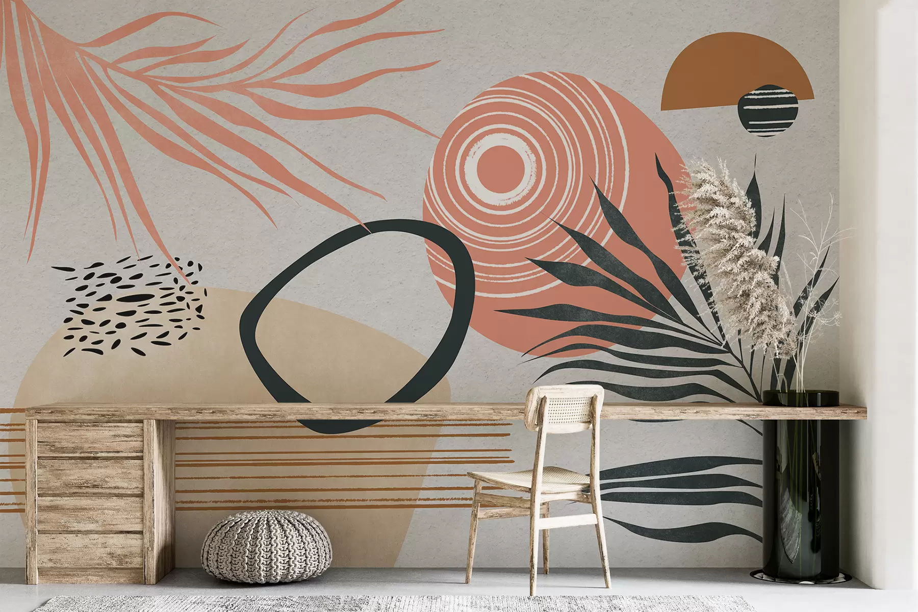 Fototapety Geometrická abstrakcia s palmovými vetvami, boho štýl, škvrna, ružová, modrá, šedá, textúra steny w08133
