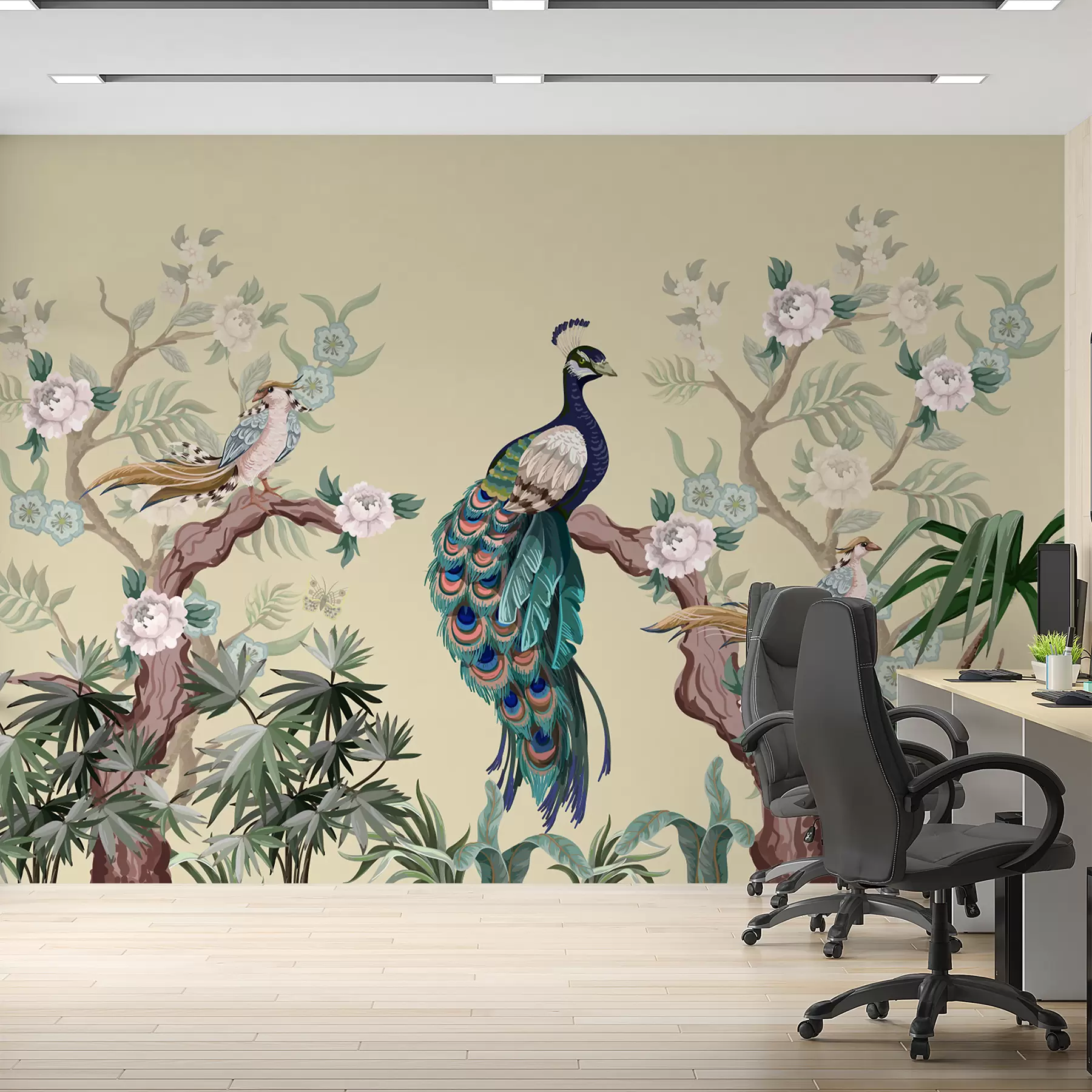 Fototapety páv na strome, béžové pozadie w08168