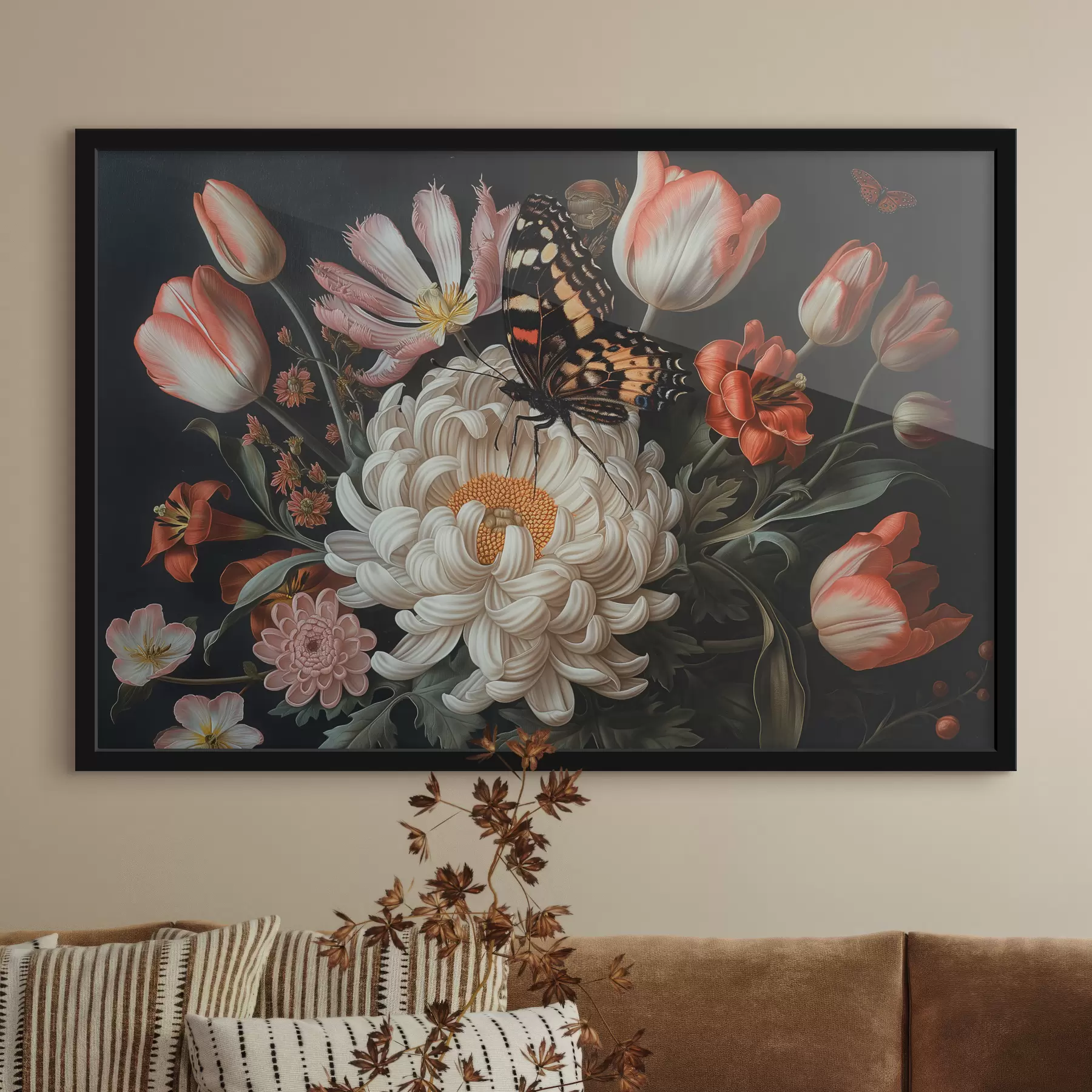 Fototapety Chryzantémy, tulipány, motýľ f39953
