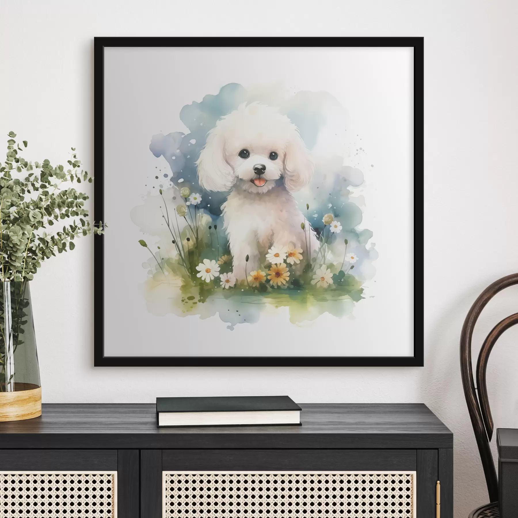 Fototapety Malý biely pudlík sediaci v akvarele s kvetmi f39928