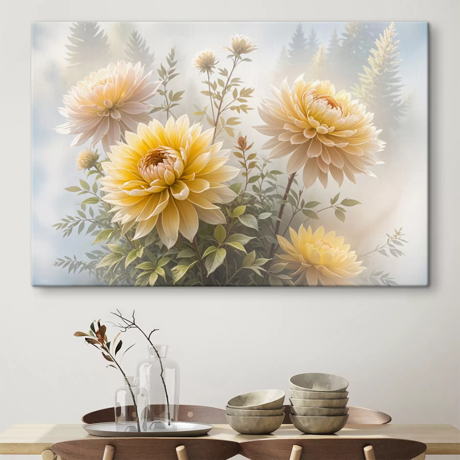 Fototapety Žlté kvety dahlia v záhrade s rozmazaným pozadím lesa s40033