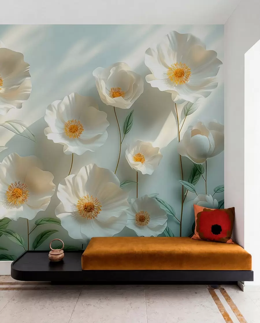 Fototapety Biele maky proti stene so slnečným žiarením a 3D efektom w01339