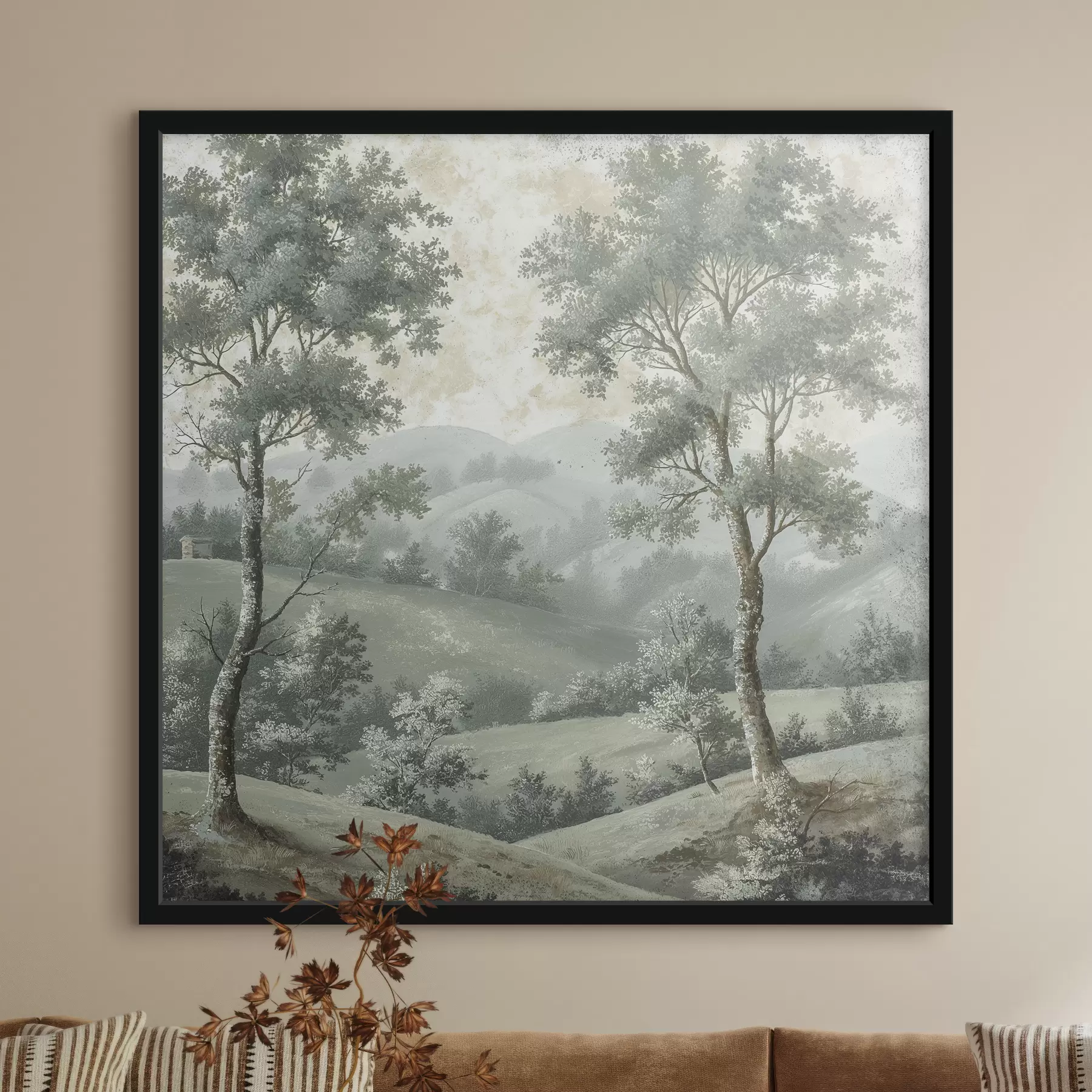 Obraz Vintage krajina, rustikálny štýl, pastelové farby, lúka so stromami, boho f40085