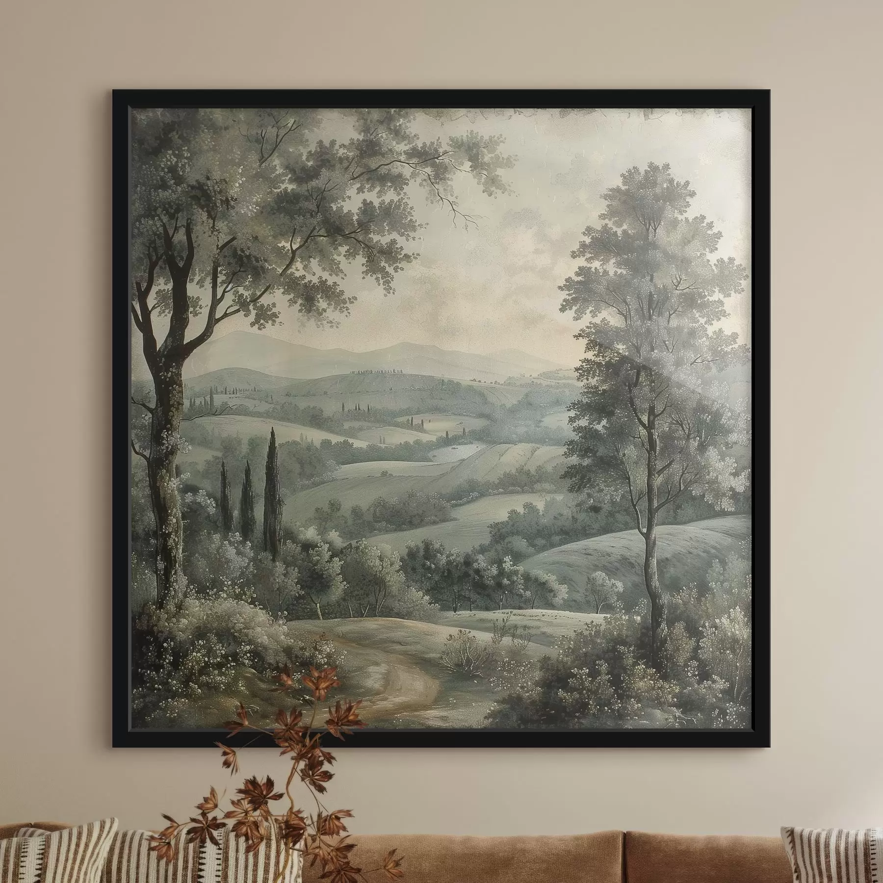 Obraz Talianska vintage krajina, rustikálny štýl, pastelové farby, kopce so stromami, boho f40086