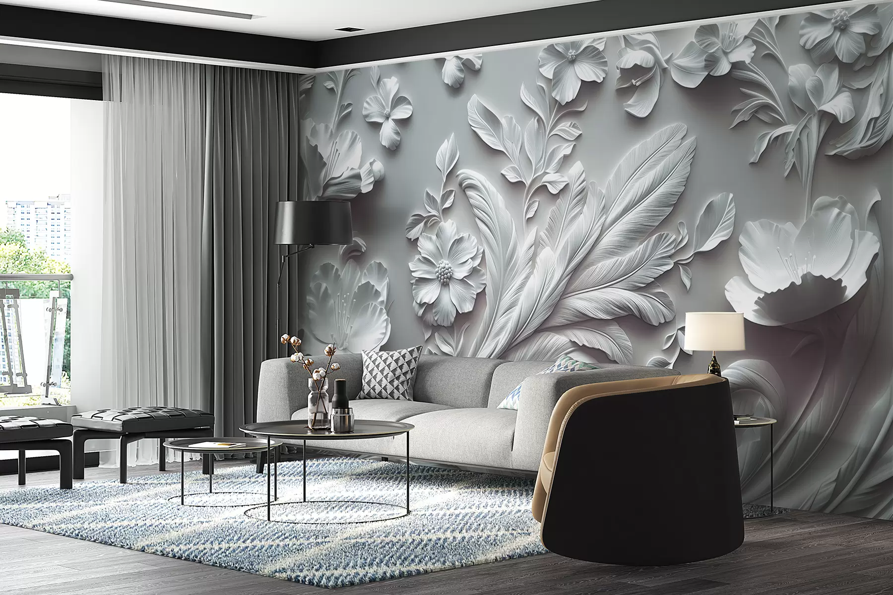 Fototapety Nádherné vyvýšené kvety a listy v šedých tónoch w01356v2