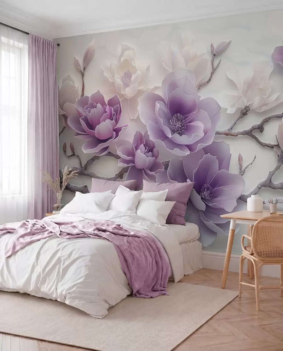 Fototapety Fialové reliéfne kvety magnólie na elegantnej vetve w01359