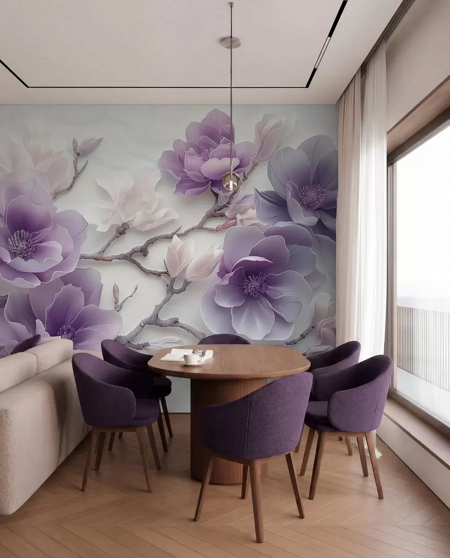Fototapety Fialové reliéfne kvety magnólie na elegantnej vetve w01359