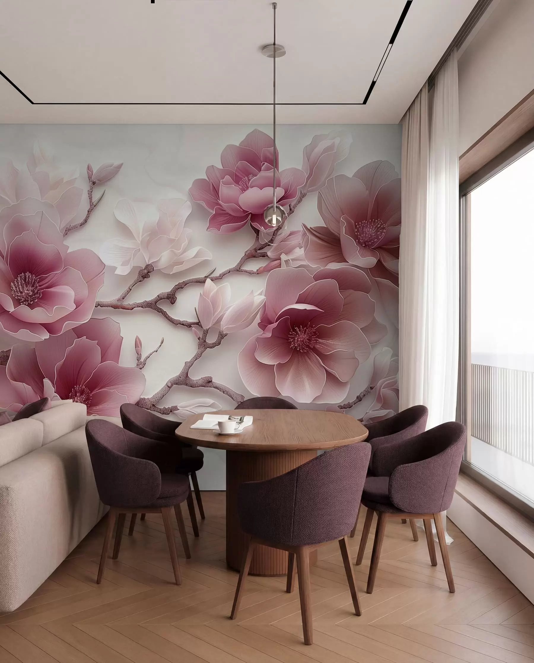 Fototapety Ružové reliéfne kvety magnólie na elegantnej vetve w01359v2