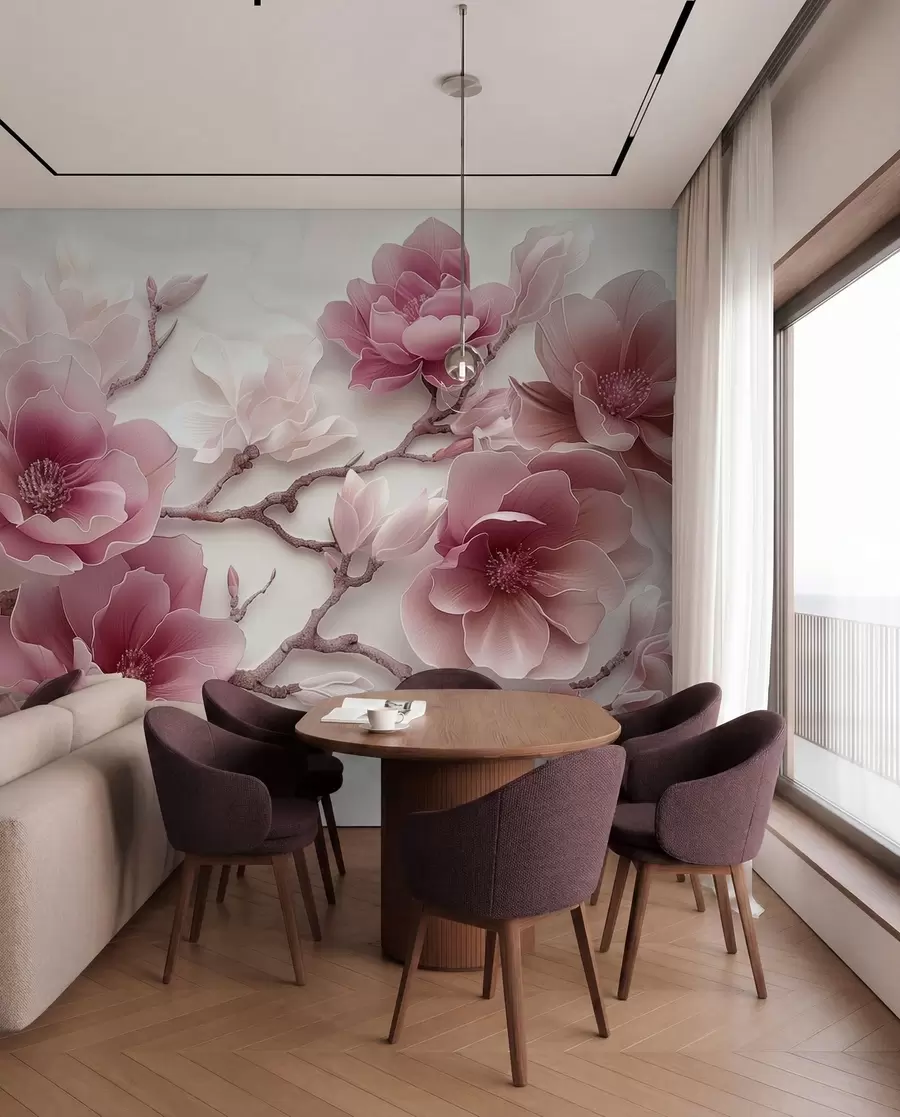 Fototapety Ružové reliéfne kvety magnólie na elegantnej vetve w01359v2