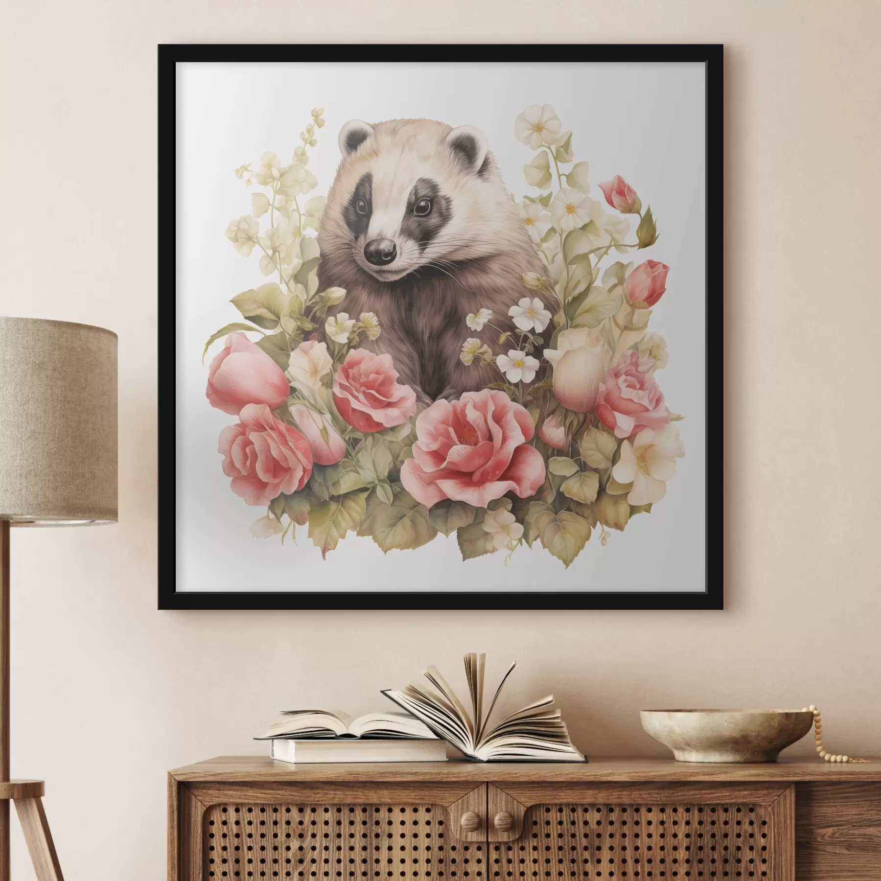 Fototapety Portrét jazveca v ružových akvareloch s vintage ružami f40094