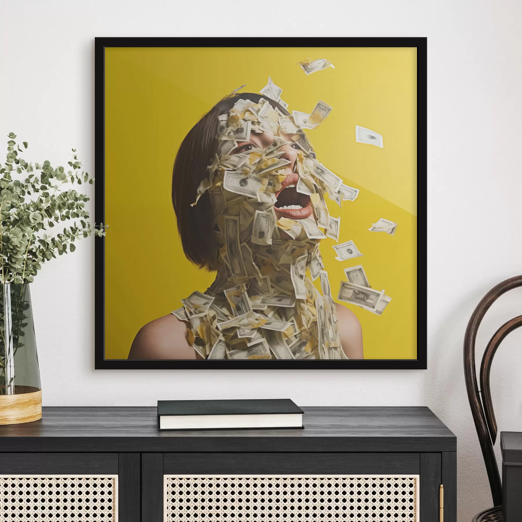 Fototapety Dievčenská tvár pokrytá papierovými bankovkami, peniazmi, žltým pozadím f40099