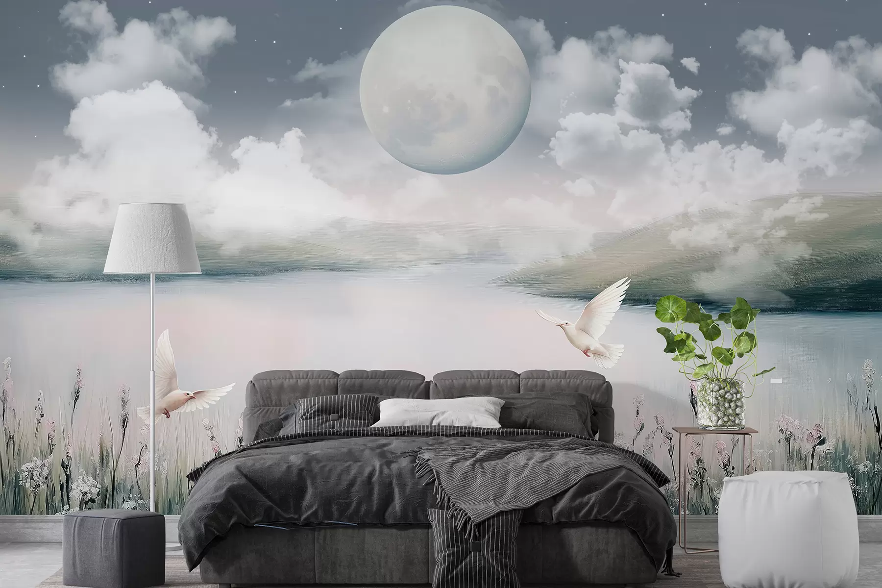 Fototapety Krásna krajina s jazerom, kvetinová lúka, mesiac na nočnej hviezdnej oblohe, lietajúce vtáky, oblaky w01389