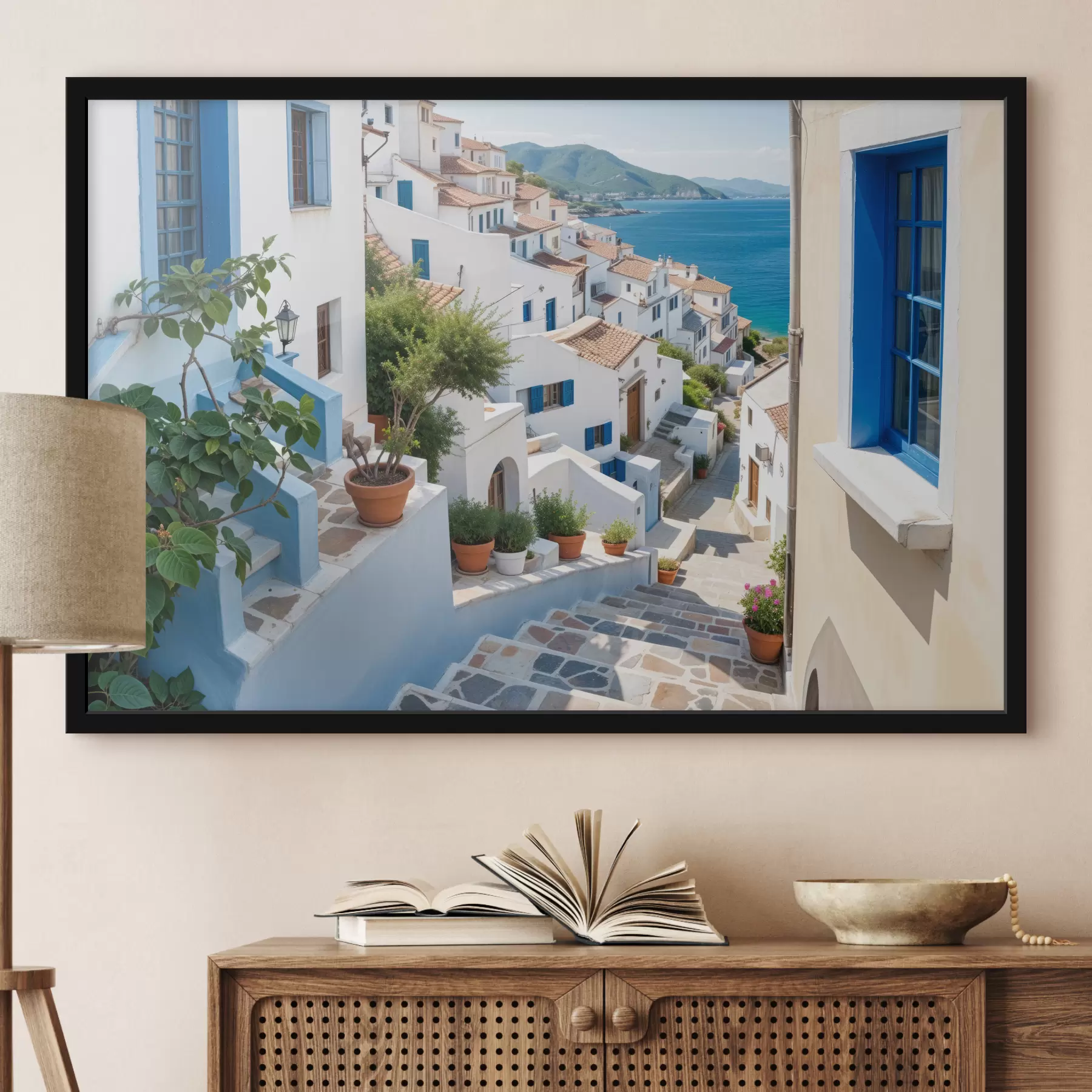 Fototapety Malebné pobrežné mestečko s bielymi budovami, modrými oknami a rastlinami v nádobách lemujúcich úzke uličky f40148