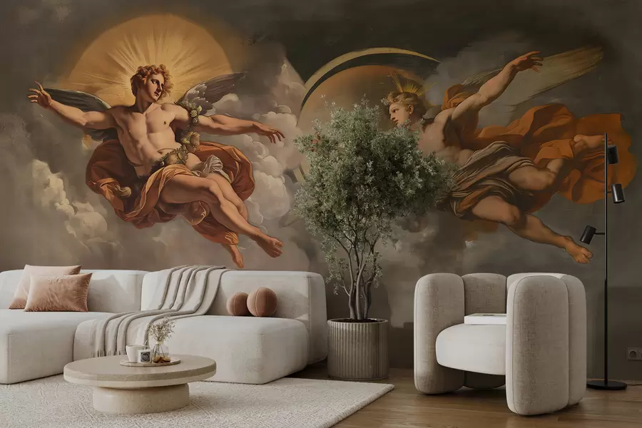 Fototapety fototapeta v štýle renesančných fresiek v béžových a tmavých odtieňoch. Dve mužské postavy bohov, ktoré sa k sebe naťahujú w08137