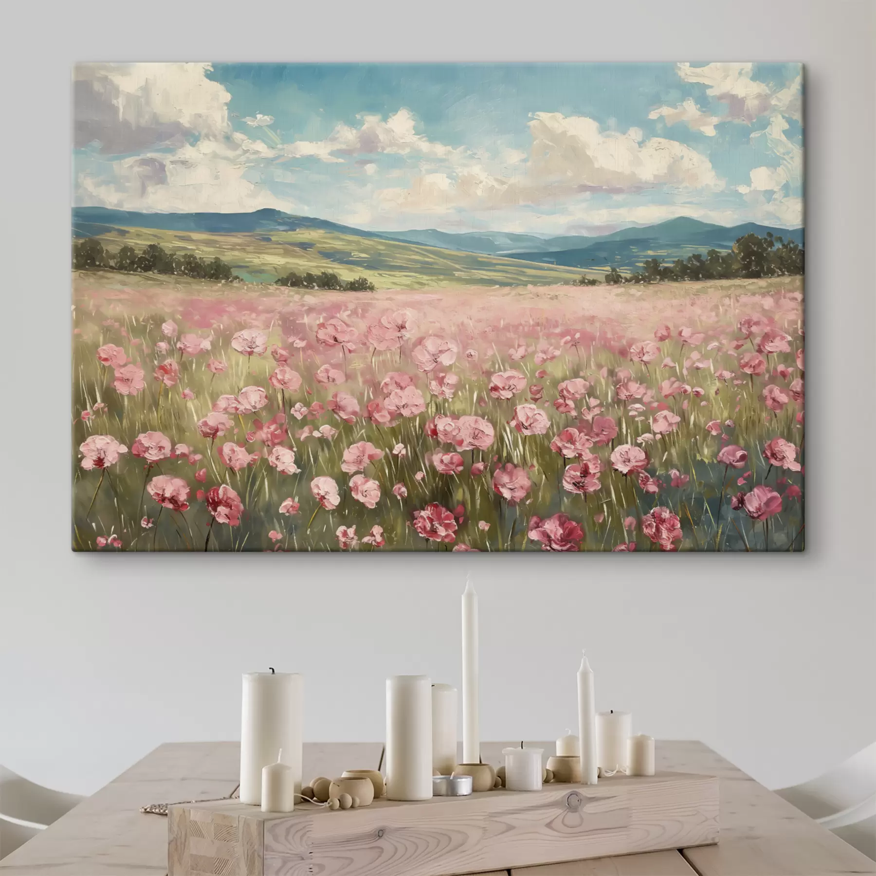 Fototapety Lúka s ružovými kvetmi, hory, prírodná krajina, modrá obloha s oblakmi, akryl  s40232