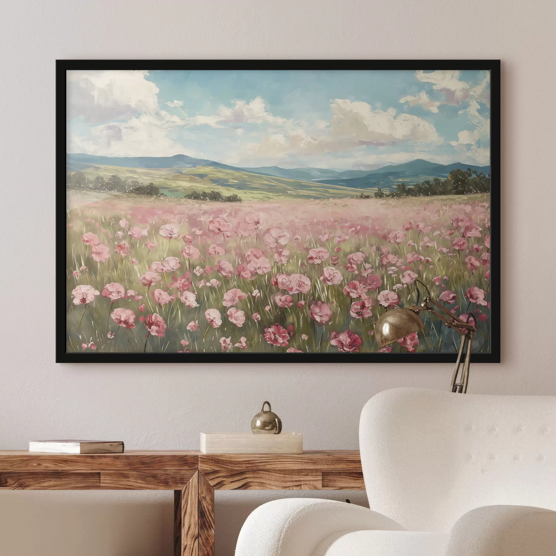 Fototapety Lúka s ružovými kvetmi, hory, prírodná krajina, modrá obloha s oblakmi, akryl f40232