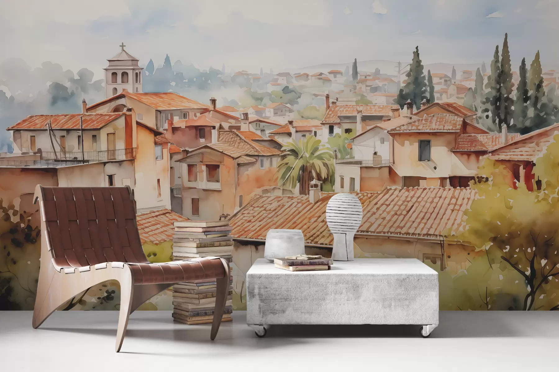 Fototapety Strechy domov v obci proti oblohe akvarel w01440