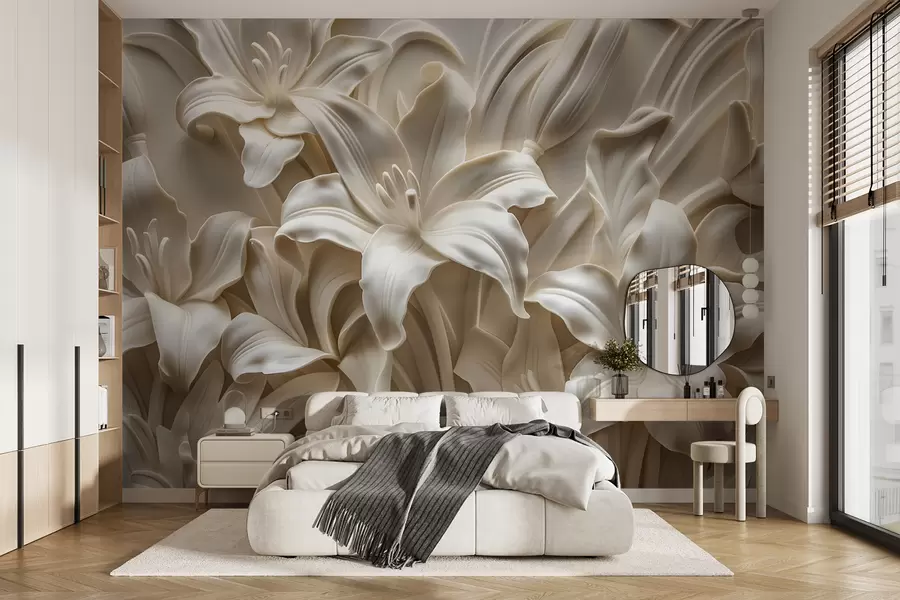 Fototapety Elegantný béžový 3D reliéf vyrezávaných ľalií w01433