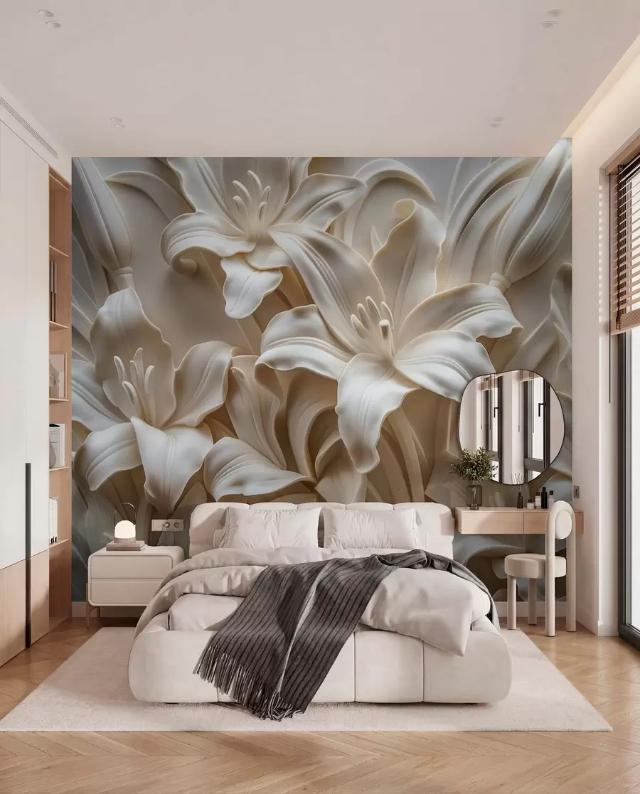 Fototapety Elegantný béžový 3D reliéf vyrezávaných ľalií w01433