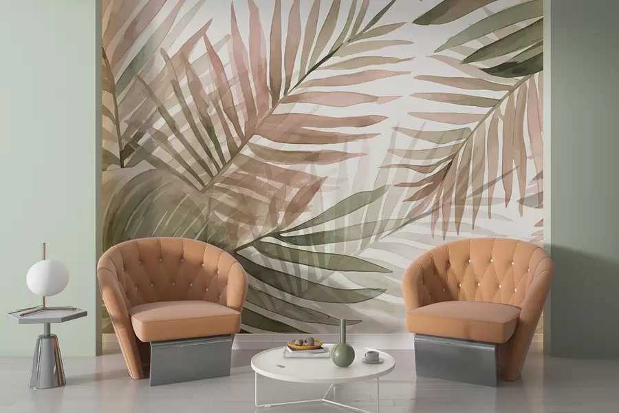 Fototapety Palmové akvarelové listy v rôznych odtieňoch zelenej a ružovej na svetlom pozadí w08218