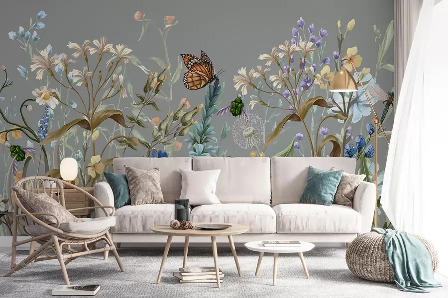 Fototapety Farebná modrá ilustrácia sviežej kvetinovej záhrady s hmyzom v snovom, fantastickom štýle w08234