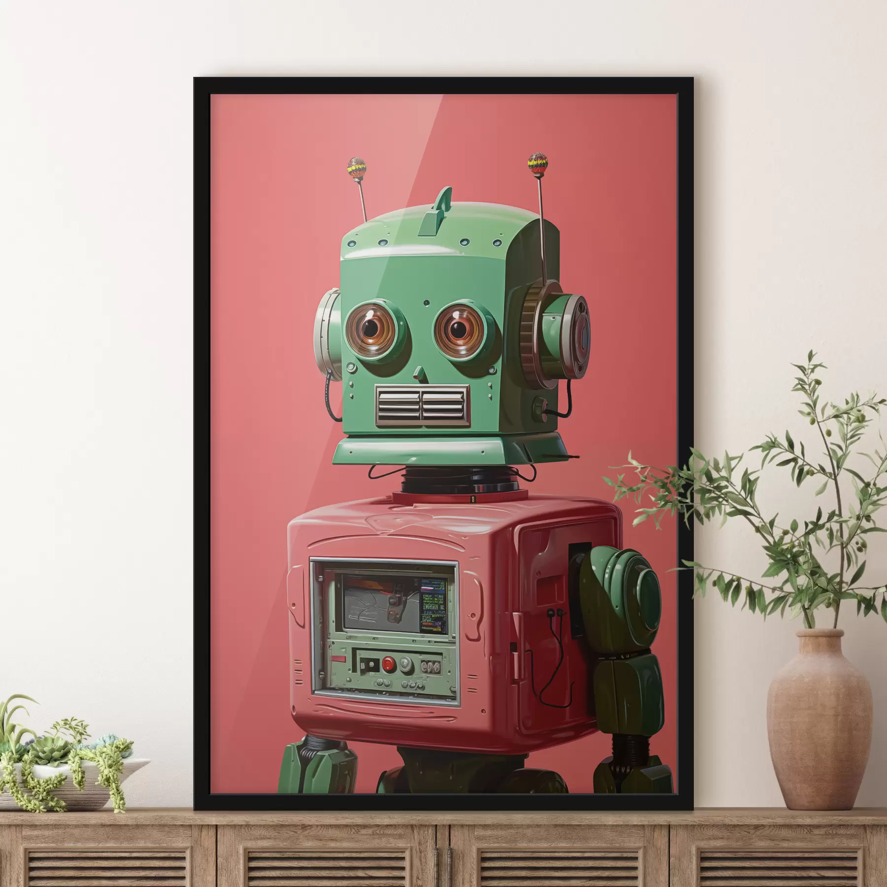 Obraz Android robot so zelenou hlavou na ružovom pozadí f40314