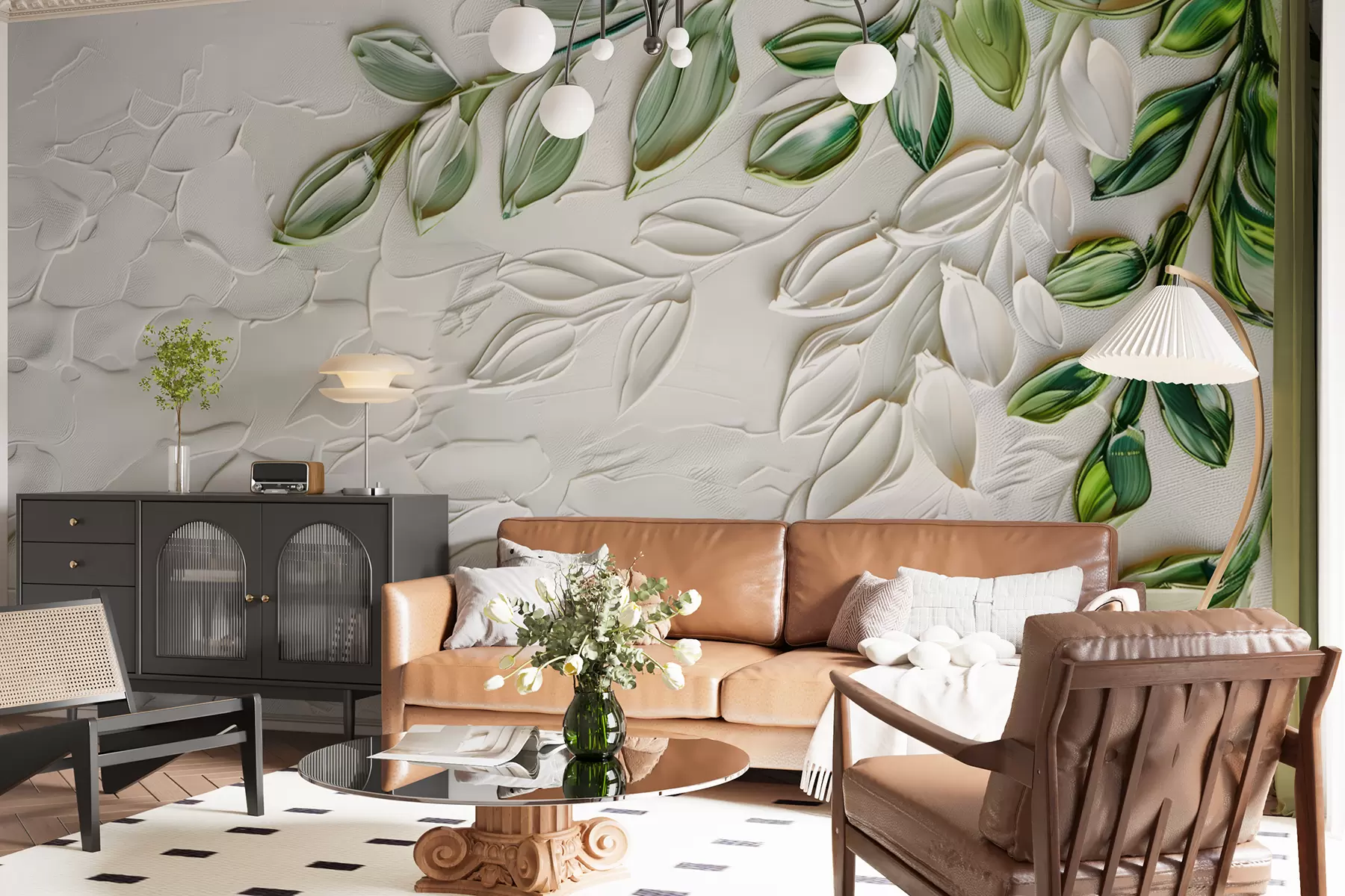 Fototapety 3D olejomaľba so zelenou vetvou na bielom pozadí, minimalistický dizajn v boho štýle w01470
