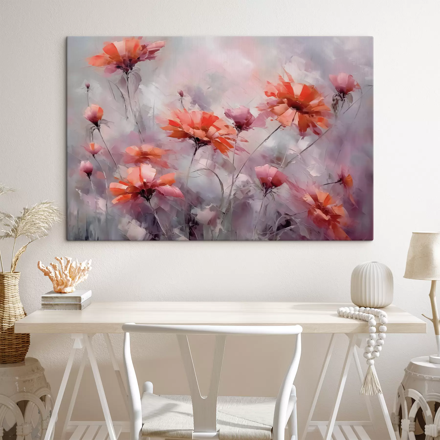 Fototapety Abstraktné kvety, imitácia ťahov štetca, červená, šedá, fialová, oranžová farba s40528