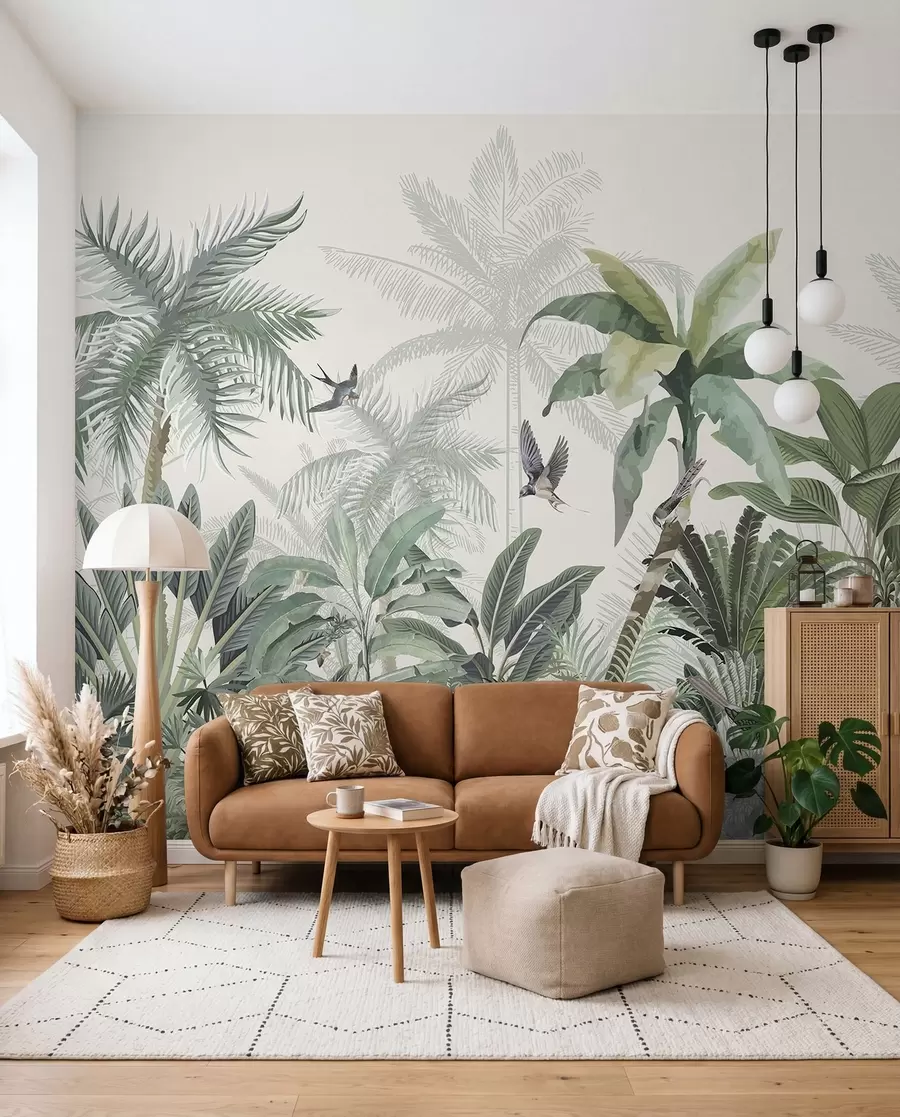 Fototapety Svieža scéna tropickej džungle s rôznymi palmami, veľkými listami a farebnými kvetmi v popredí w08239